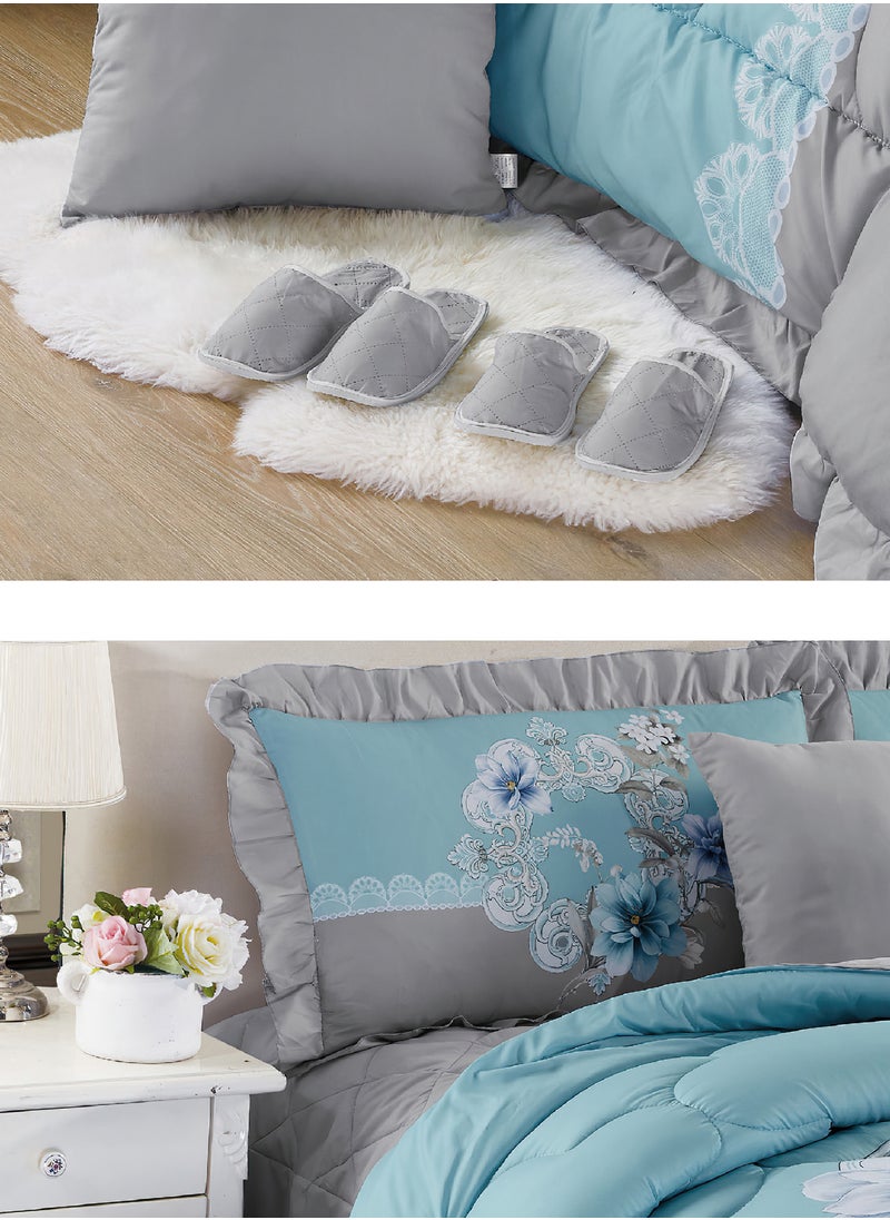 Moon - Bed In A Bag Medium Filling King Size Comforter Set, 10 Pcs Floral Bedding Set Size 220 X 240 Cm with Comforter, Quilted Bed Skirt, Pillowcases, Cushion & Bedroom Slipper, Multicolor - Image 1