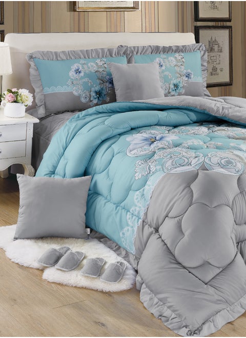 Bed In A Bag Medium Filling King Size Comforter Set, 10 Pcs Floral Bedding Set Size 220 X 240 Cm with Comforter, Quilted Bed Skirt, Pillowcases, Cushion & Bedroom Slipper, Multicolor