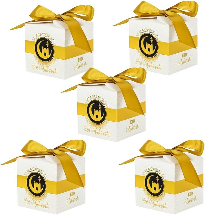 Eid Mubarak Gift Boxes – Pack of 5 Ramadan Favor Boxes in White & Gold, Elegant Treat Box for Sweets, Dates, Chocolates, and Gifts for Kids | Eid Gift Bags (White) - Image 1