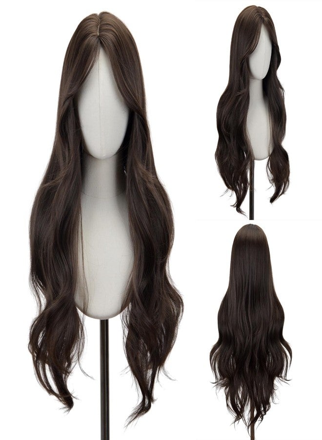 STYLER Brown Middle Part Wig with Bangs for Women -26 Inch Long Wavy Brown Wigs Synthetic Heat Resistant Hair Natural Looking Wigs for Daily Use Halloween Christmas Cosplay Party - Image 1
