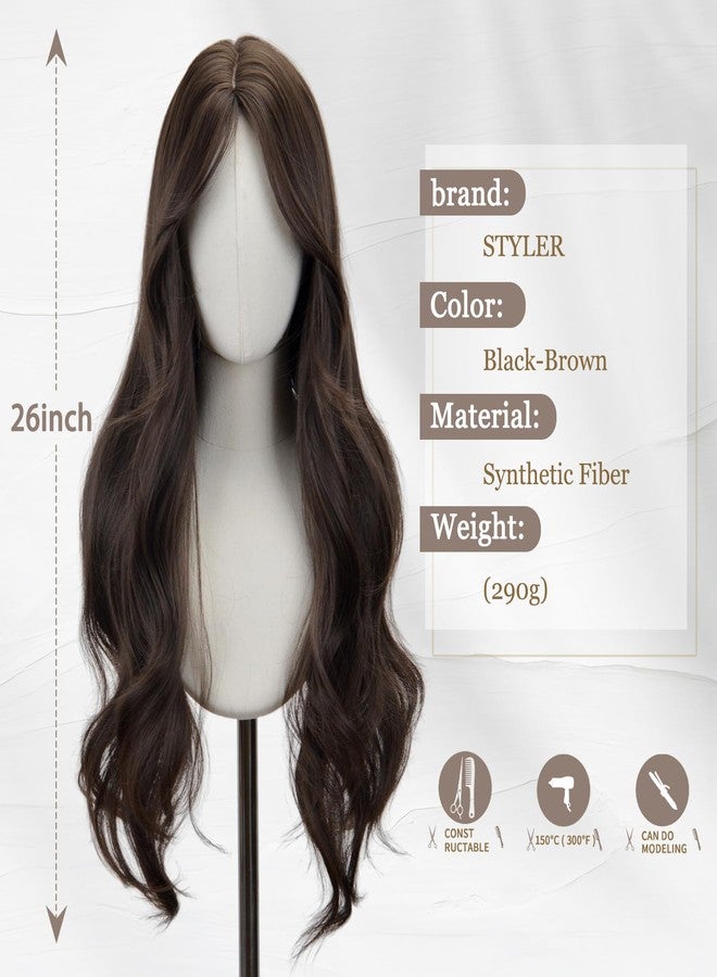 STYLER Brown Middle Part Wig with Bangs for Women -26 Inch Long Wavy Brown Wigs Synthetic Heat Resistant Hair Natural Looking Wigs for Daily Use Halloween Christmas Cosplay Party - Image 5