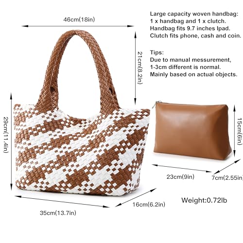Queenoris Woven Bag for Women, Fashion Top Handle Shoulder Bag Vegan Leather Shopper Bag Large Travel Tote Bag (Brown+White) - Image 3