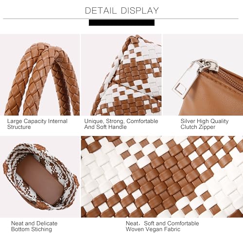 Queenoris Woven Bag for Women, Fashion Top Handle Shoulder Bag Vegan Leather Shopper Bag Large Travel Tote Bag (Brown+White) - Image 5