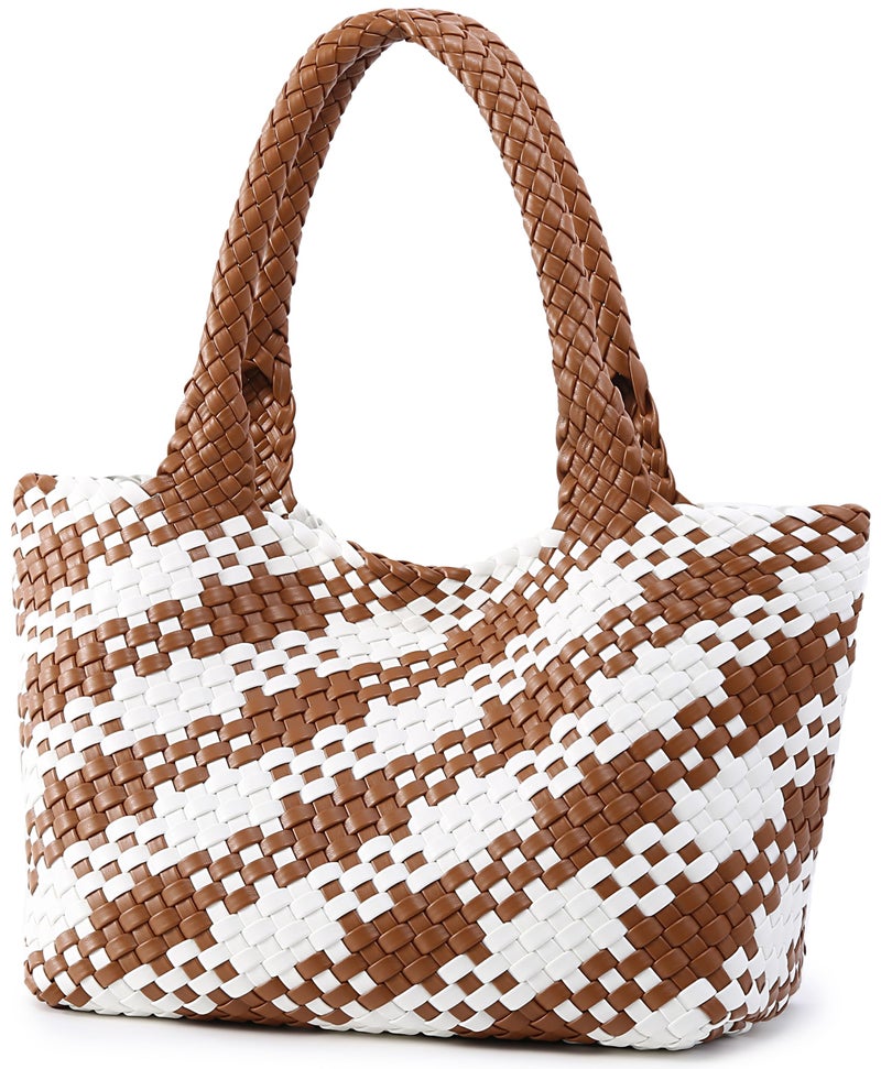 Queenoris Woven Bag for Women, Fashion Top Handle Shoulder Bag Vegan Leather Shopper Bag Large Travel Tote Bag (Brown+White) - Image 2