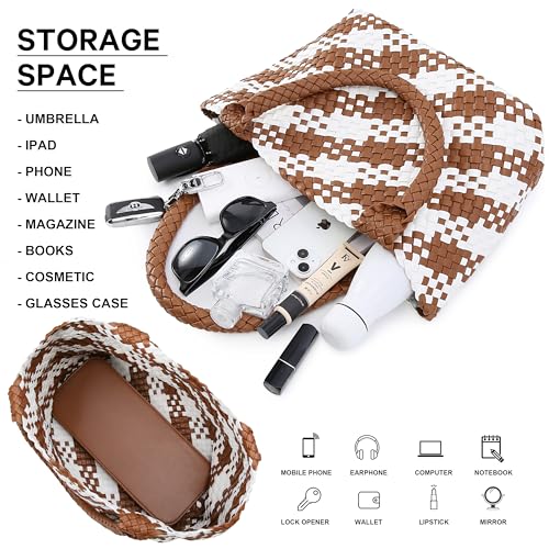 Queenoris Woven Bag for Women, Fashion Top Handle Shoulder Bag Vegan Leather Shopper Bag Large Travel Tote Bag (Brown+White) - Image 4