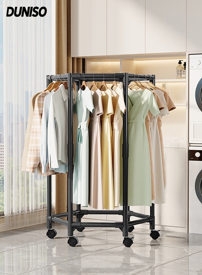 DUNISO Metal Clothes Hanger Organizer, Clothes Rack with Wheels, Hexagonal Rolling Clothing Rack for Hanging Clothes, Garment Storage for Bedroom, Laundry, Balcony - Image 1