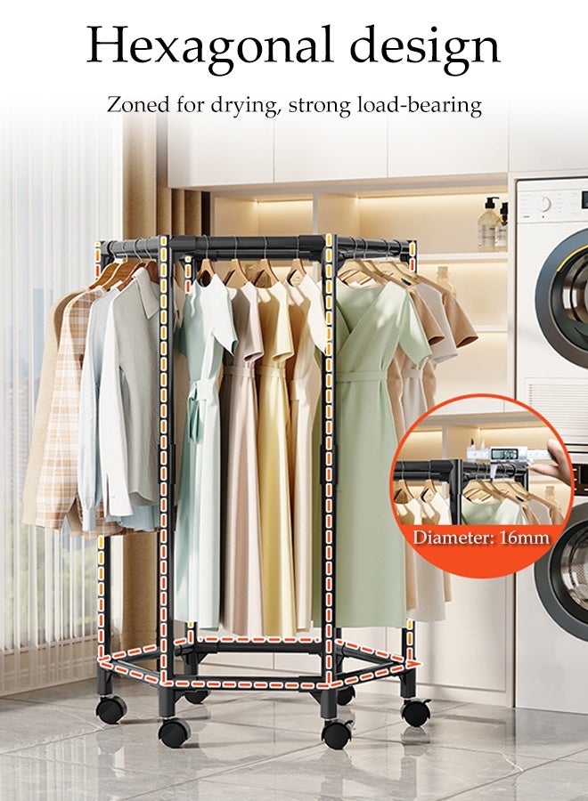 DUNISO Metal Clothes Hanger Organizer, Clothes Rack with Wheels, Hexagonal Rolling Clothing Rack for Hanging Clothes, Garment Storage for Bedroom, Laundry, Balcony - Image 4