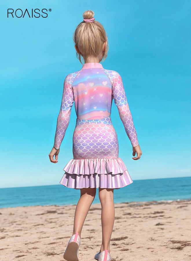 roaiss Girls 2PCS Tankini Swimsuit with Zipper, Mermaid Style One Piece Swimsuit with Skirt, Summer Bathing Suit, Beach Rash Guard Swimwear - Image 4