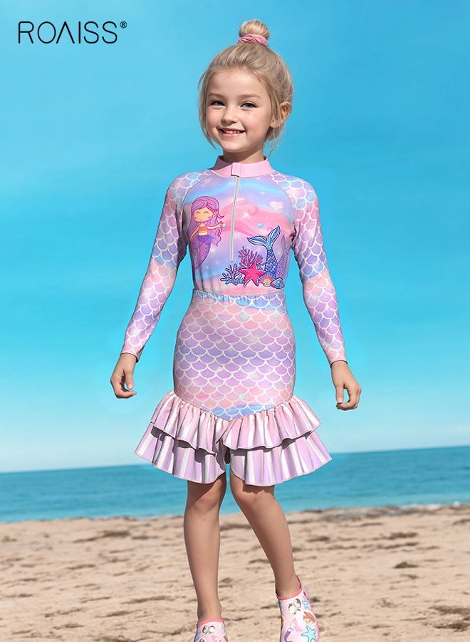 roaiss Girls 2PCS Tankini Swimsuit with Zipper, Mermaid Style One Piece Swimsuit with Skirt, Summer Bathing Suit, Beach Rash Guard Swimwear - Image 2