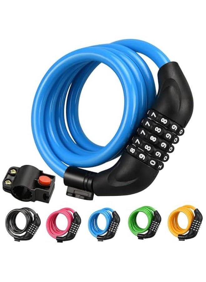 MIXDE Bike Lock Cable, 1.2M Combination Bicycle Lock with Mounting Bracket, High Security 5 Digit Resettable Coiling Bicycle Lock, 5 Colors Anti Theft Cable Locks for Bike (Blue)  - Image 1