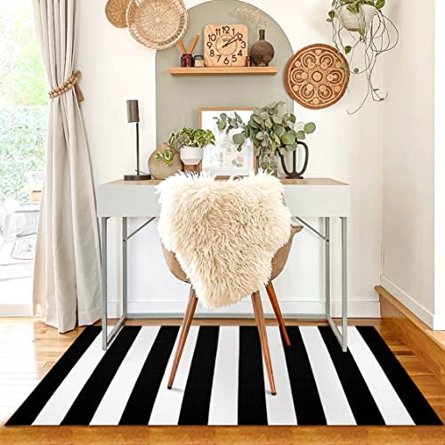 KILOCOCO Black White Striped Rug - 3'X5' Front Door Mat Outdoor, Welcome Mats Rugs Cotton Washable Front Porch Rug Layered Doormats for Kitchen Farmhouse Entryway - Image 2