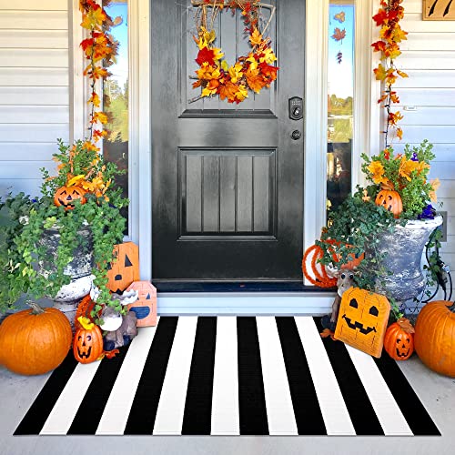 KILOCOCO Black White Striped Rug - 3'X5' Front Door Mat Outdoor, Welcome Mats Rugs Cotton Washable Front Porch Rug Layered Doormats for Kitchen Farmhouse Entryway - Image 1
