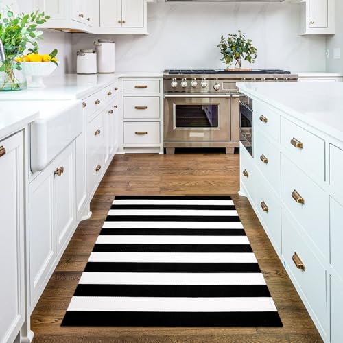 KILOCOCO Black White Striped Rug - 3'X5' Front Door Mat Outdoor, Welcome Mats Rugs Cotton Washable Front Porch Rug Layered Doormats for Kitchen Farmhouse Entryway - Image 3