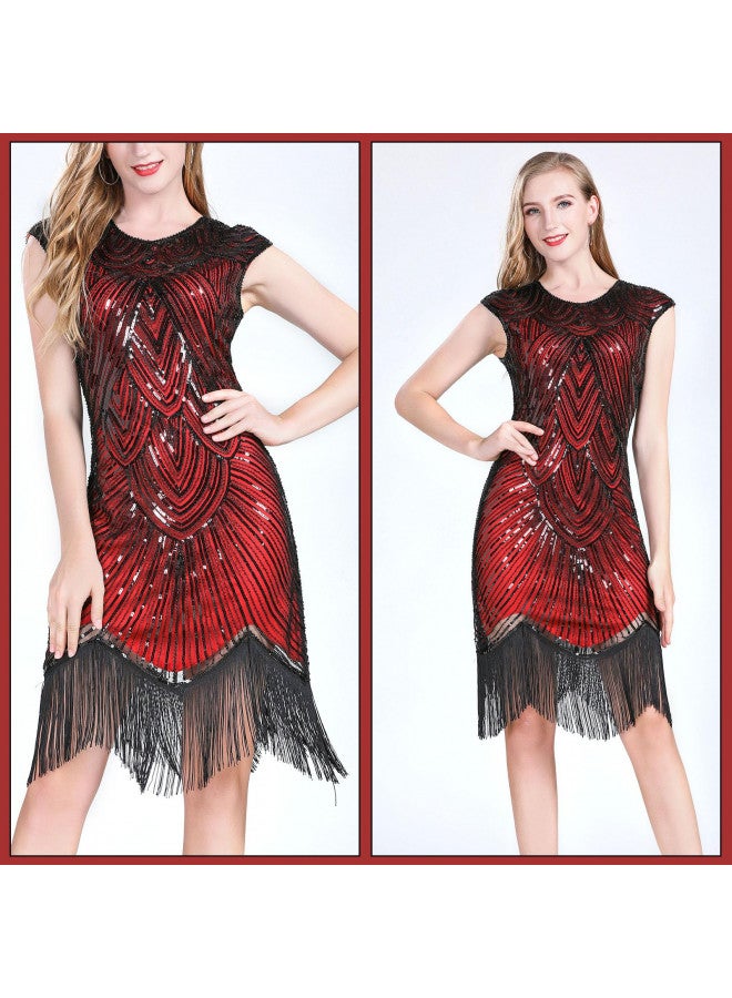 PLULON 1920s Sequin Beaded Fringed Flapper Dress Great Gatsby Dresses for Women with Roaring 20s Costumes Accessories Set (Dark Red,XLarge) - Image 2