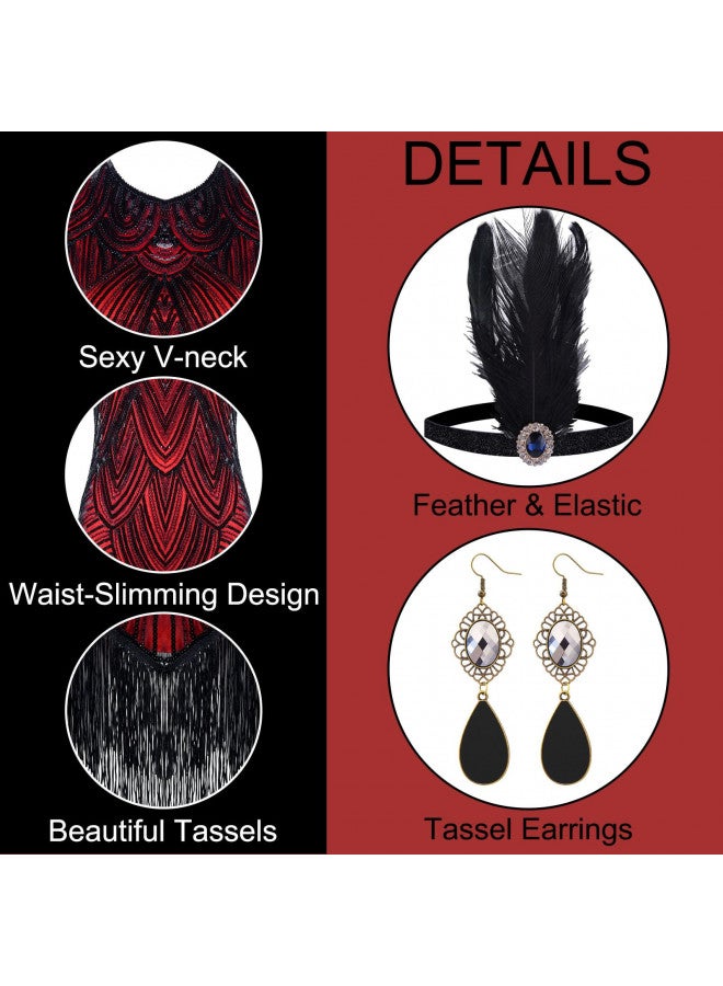 PLULON 1920s Sequin Beaded Fringed Flapper Dress Great Gatsby Dresses for Women with Roaring 20s Costumes Accessories Set (Dark Red,XLarge) - Image 4