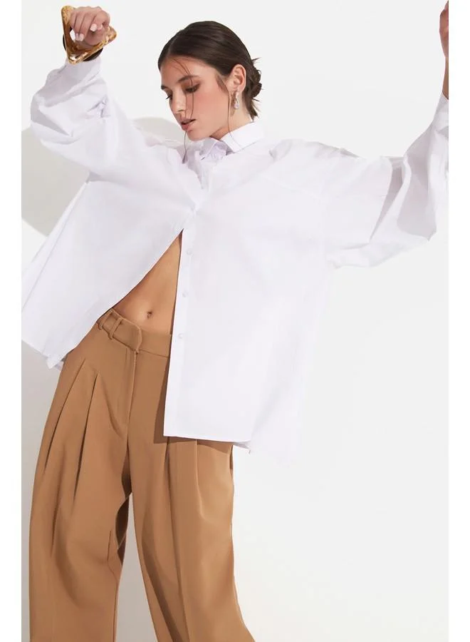 JUNE June 100% Cotton Stitching Detailed Shirt White