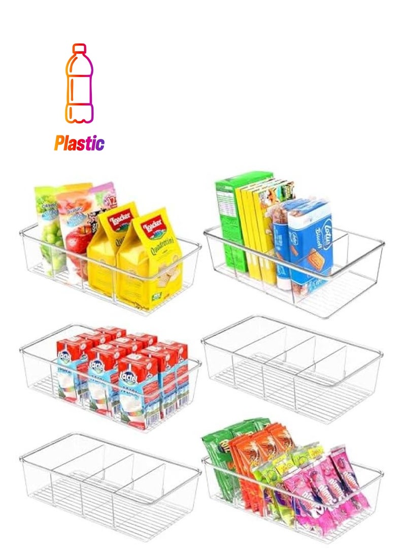 HOOKOR Clear Pantry Organizer Storage Bins Plastic Removable Snack Organizer Pantry Organization Storage Racks with Removable Dividers, Perfect for Packets, Snacks, Spices, Kitchen (6 Pack) - Image 1