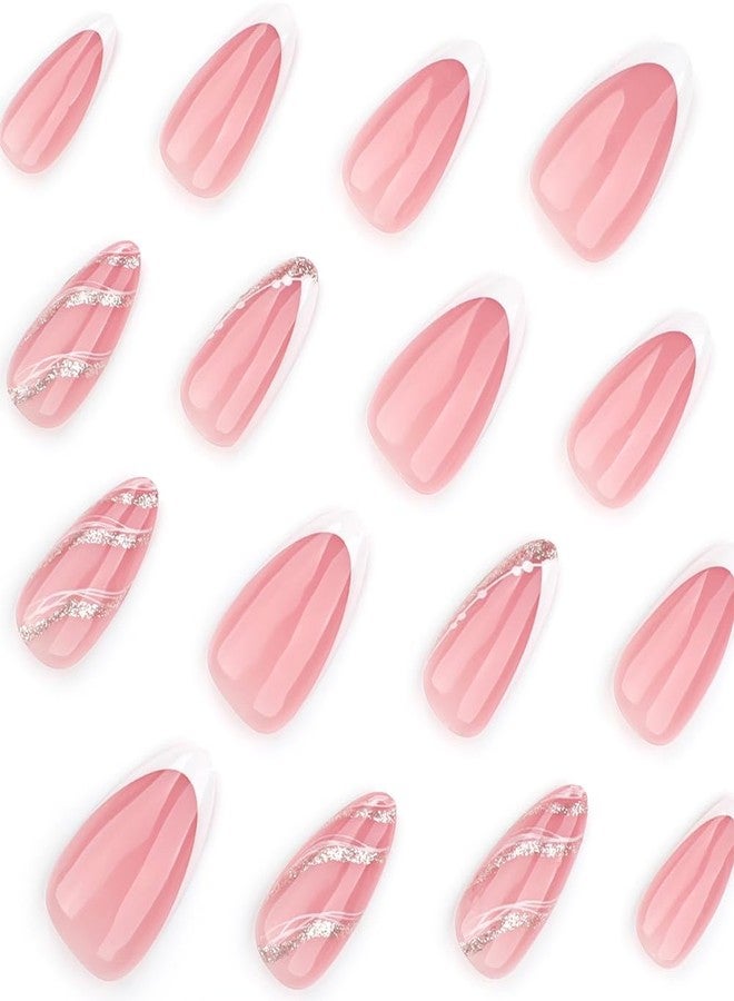 Hrnsnails Nails Press on, Short Almond Press On Nails White French Tip Fake Nails with Wavy Stripes and Gold Glitter Design, Acrylic Artificial False Nails Press Ons Stick On Nails for Women - Image 3