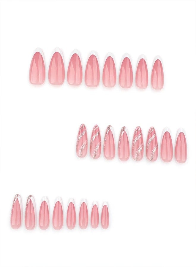 Hrnsnails Nails Press on, Short Almond Press On Nails White French Tip Fake Nails with Wavy Stripes and Gold Glitter Design, Acrylic Artificial False Nails Press Ons Stick On Nails for Women - Image 2
