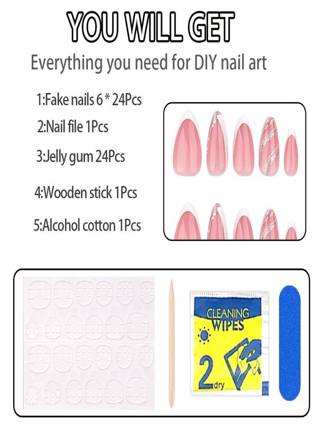 Hrnsnails Nails Press on, Short Almond Press On Nails White French Tip Fake Nails with Wavy Stripes and Gold Glitter Design, Acrylic Artificial False Nails Press Ons Stick On Nails for Women - Image 5