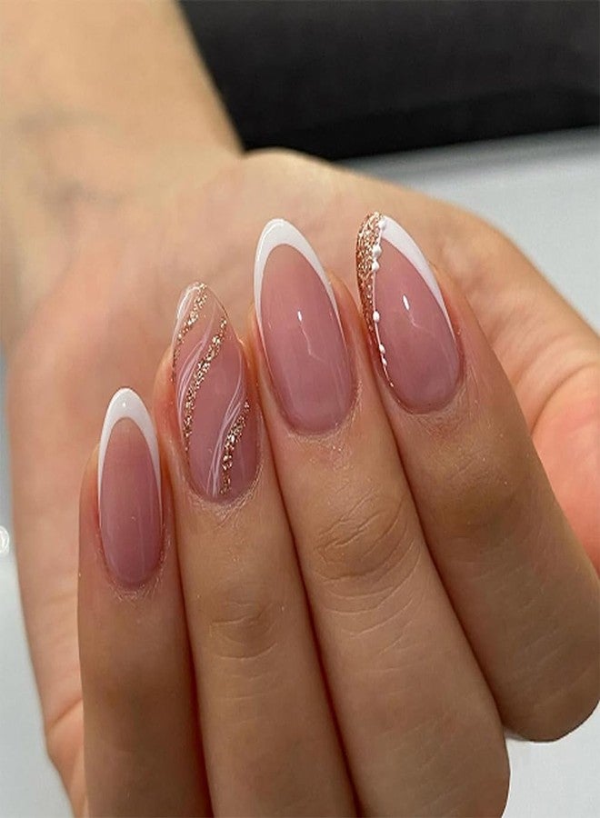 Hrnsnails Nails Press on, Short Almond Press On Nails White French Tip Fake Nails with Wavy Stripes and Gold Glitter Design, Acrylic Artificial False Nails Press Ons Stick On Nails for Women - Image 1