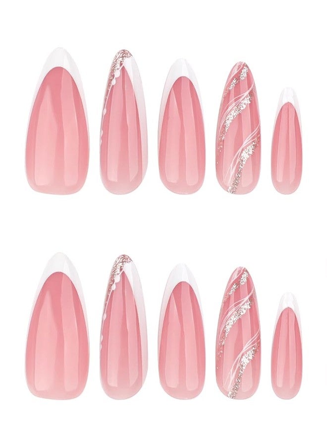 Hrnsnails Nails Press on, Short Almond Press On Nails White French Tip Fake Nails with Wavy Stripes and Gold Glitter Design, Acrylic Artificial False Nails Press Ons Stick On Nails for Women - Image 4