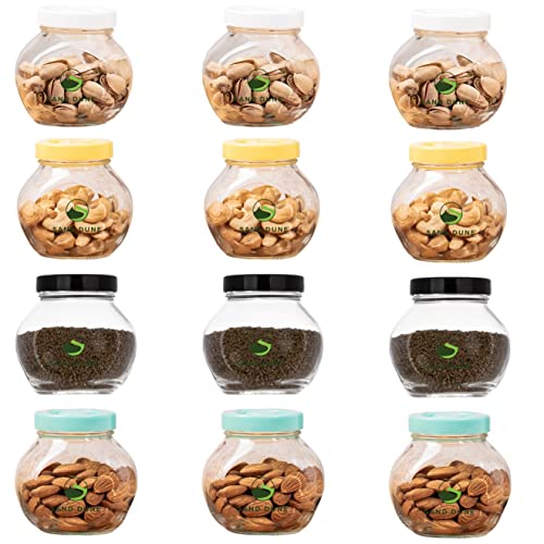 Sand Dune Set of 12, 200 ml Each Storage Glass Jar Assorted Plastic Cap, Transparent | BPA Free |Aachar Pickle, Dry Fruits, Masala, Spices, and dals. - Image 1