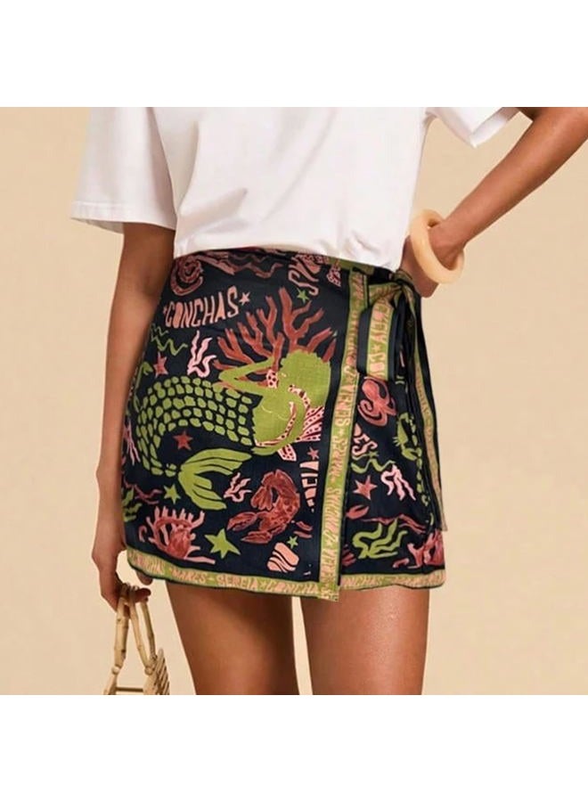 Keeliya Womens Wrap Mini Skirt Boho Floral Printed Knot Side High Waist A Line Casual Summer Beach Short Skirt, Black Gold, M - Image 2