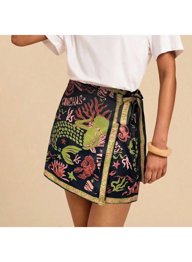 Keeliya Womens Wrap Mini Skirt Boho Floral Printed Knot Side High Waist A Line Casual Summer Beach Short Skirt, Black Gold, M - Image 3
