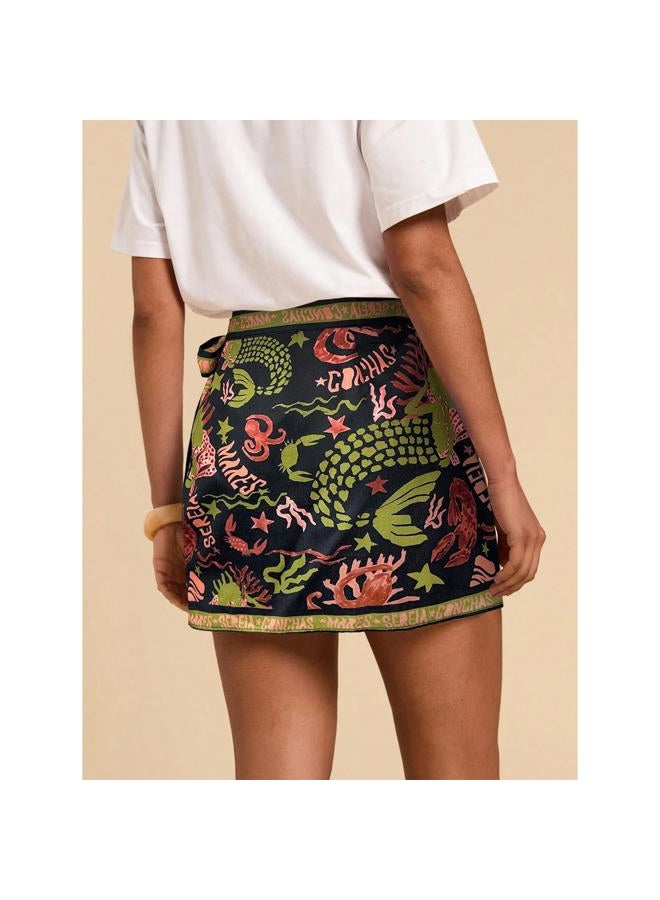 Keeliya Womens Wrap Mini Skirt Boho Floral Printed Knot Side High Waist A Line Casual Summer Beach Short Skirt, Black Gold, M - Image 4