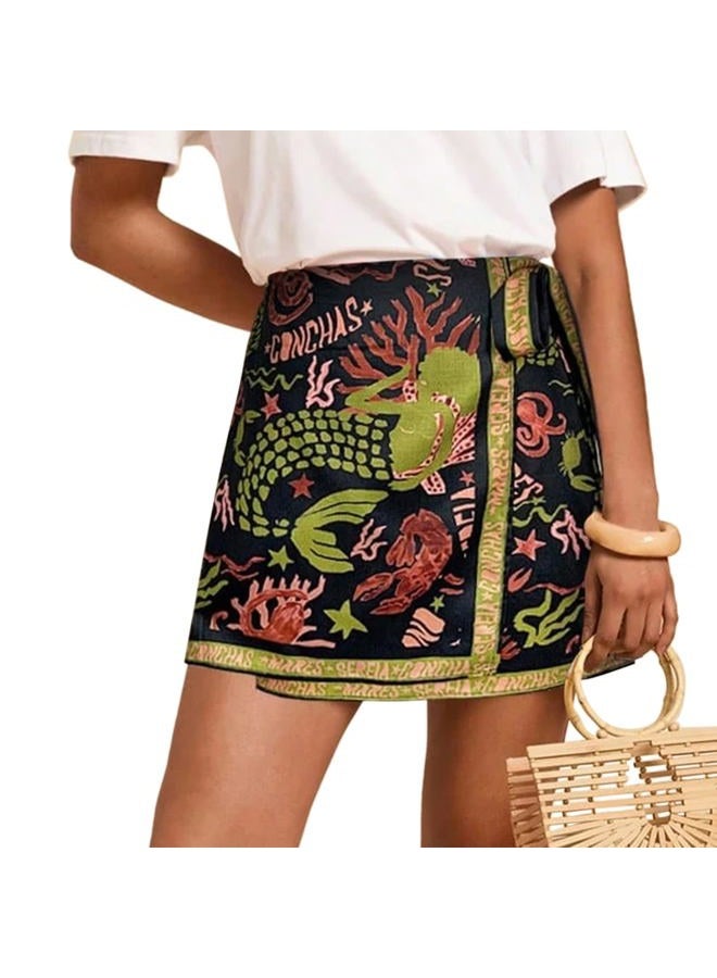 Keeliya Womens Wrap Mini Skirt Boho Floral Printed Knot Side High Waist A Line Casual Summer Beach Short Skirt, Black Gold, M - Image 1