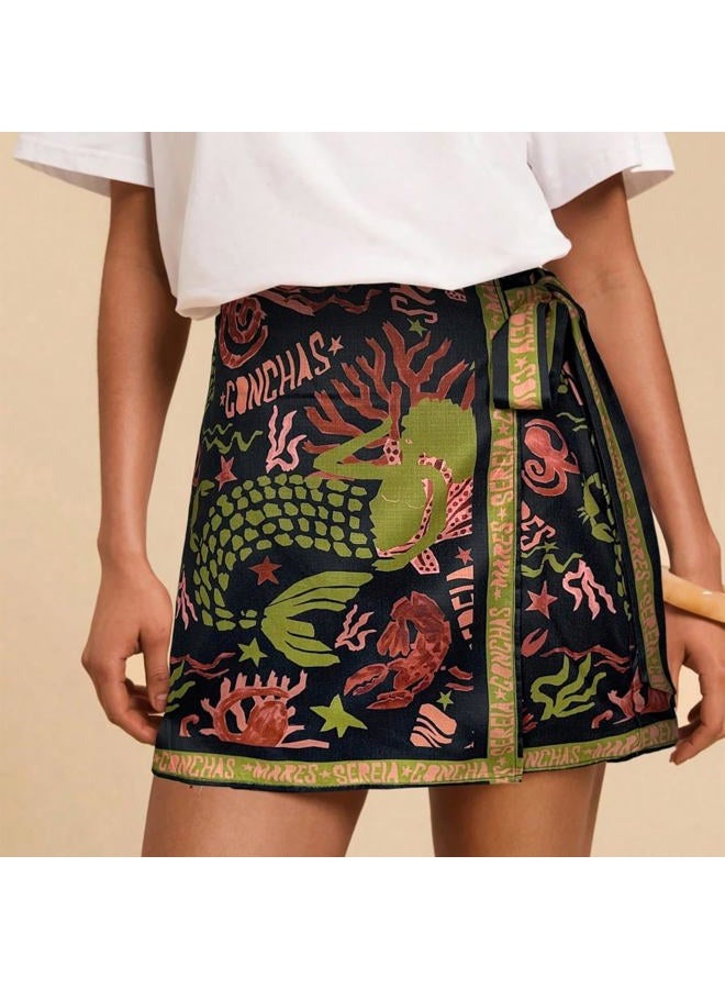 Keeliya Womens Wrap Mini Skirt Boho Floral Printed Knot Side High Waist A Line Casual Summer Beach Short Skirt, Black Gold, M - Image 5
