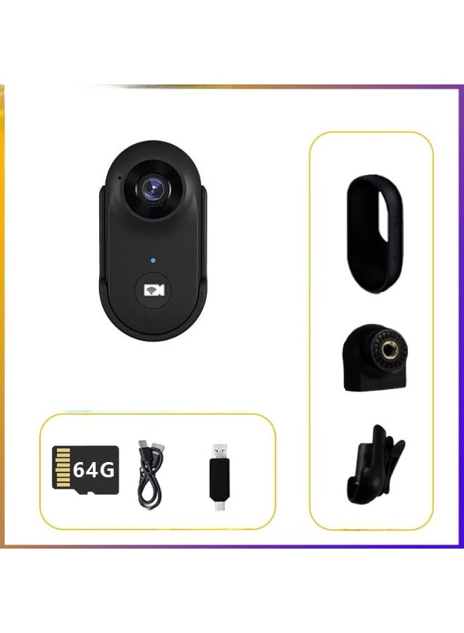 شابية كاميرا أكشن صغيرة، كاميرا أكشن للجسم قابلة للارتداء، كاميرا فيديو أكشن محمولة ممتازة، كاميرا تسجيل بدون استخدام اليدين بحجم الإبهام، للسفر والحيوانات الأليفة والتصوير تحت الماء (تحتوي على بطاقة ذاكرة 64 جيجابايت، كابل بيانات، محول، غطاء سيليكون، قاعدة، مشبك خلفي، أسود) - Image 1