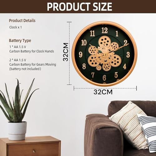 De'rons Rotating Moving Gears Wall Clock Industrial Steampunk Real Moving Gear Designer Wall Clock for Living Room Home Decor Office Wooden Look Plastic Round 32cm DC-1387 (B.Copper) - Image 3