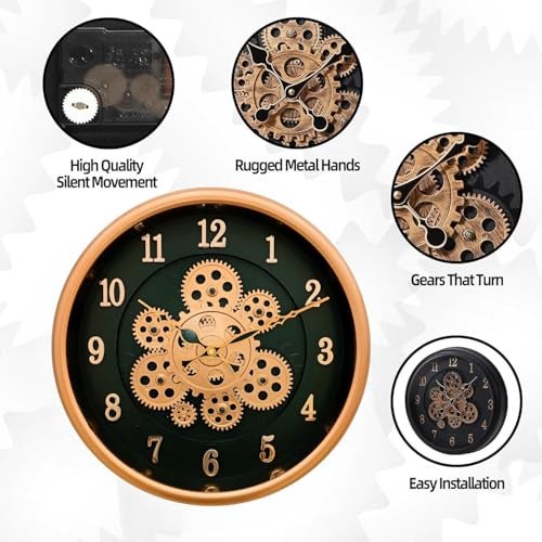 De'rons Rotating Moving Gears Wall Clock Industrial Steampunk Real Moving Gear Designer Wall Clock for Living Room Home Decor Office Wooden Look Plastic Round 32cm DC-1387 (B.Copper) - Image 4