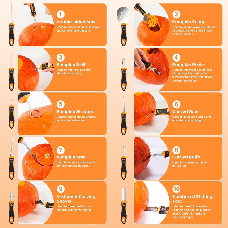 AIR PROPELLER Pumpkin Carving Tools 10 PCS,Halloween Pumpkin Carving Kit for Adults or Kids,Professional Pumpkin Carving Knife Set for Jack-O-Lanterns with Zippered Carrying Case - Image 5