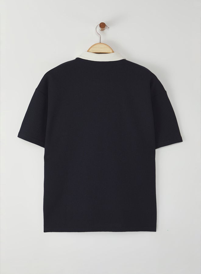 trendyol Navy Blue Regular Polo Collar Plain Knitted Polo Collar T-shirt - Image 5