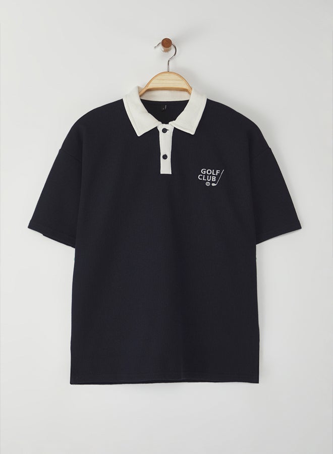 trendyol Navy Blue Regular Polo Collar Plain Knitted Polo Collar T-shirt - Image 3