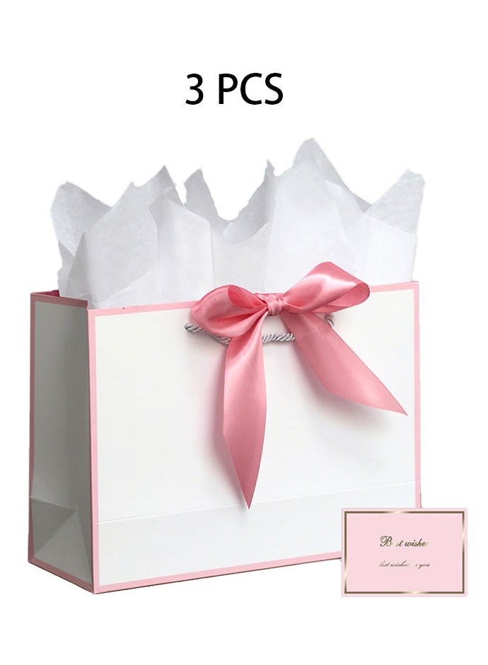 Neox 3 Pcs White Large Gift Bags, Paper Bags with Ribbon, Greeting Cards and Tissue Paper, Portable Party Bags with Handles, Birthday Gift Bags, Present Bags for Wedding Party, Party Supplies - Image 1