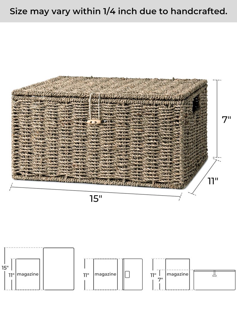 StorageWorks Seagrass Wicker Baskets for Organizing, Large Wicker Basket with Lid, Decorative Basket with Built-in Handles, Storage Baskets for Shelves, 1 Pack - Image 2