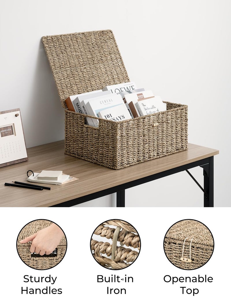 StorageWorks Seagrass Wicker Baskets for Organizing, Large Wicker Basket with Lid, Decorative Basket with Built-in Handles, Storage Baskets for Shelves, 1 Pack - Image 3