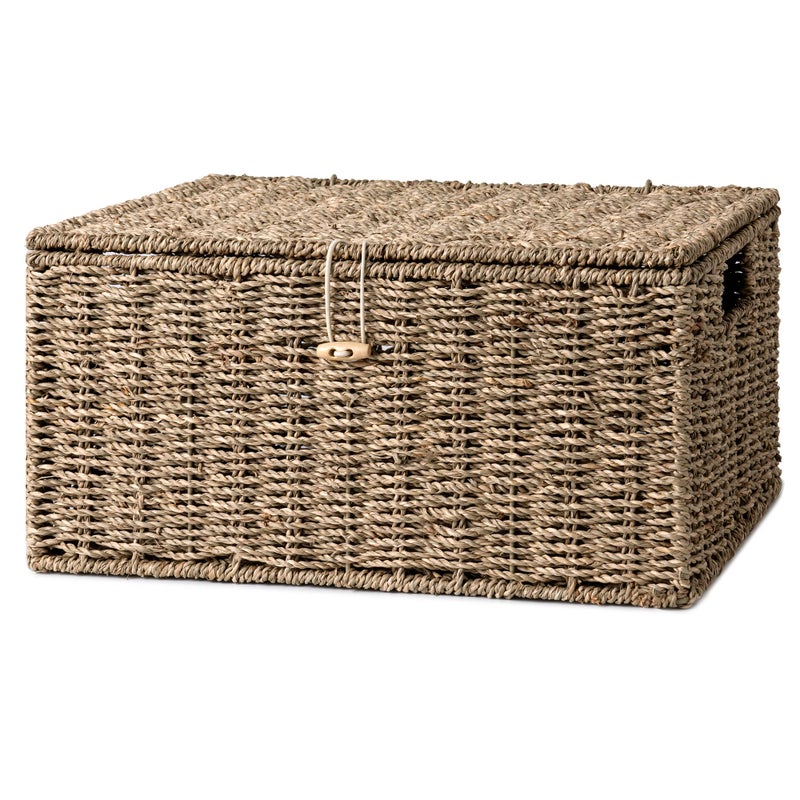 StorageWorks Seagrass Wicker Baskets for Organizing, Large Wicker Basket with Lid, Decorative Basket with Built-in Handles, Storage Baskets for Shelves, 1 Pack - Image 1