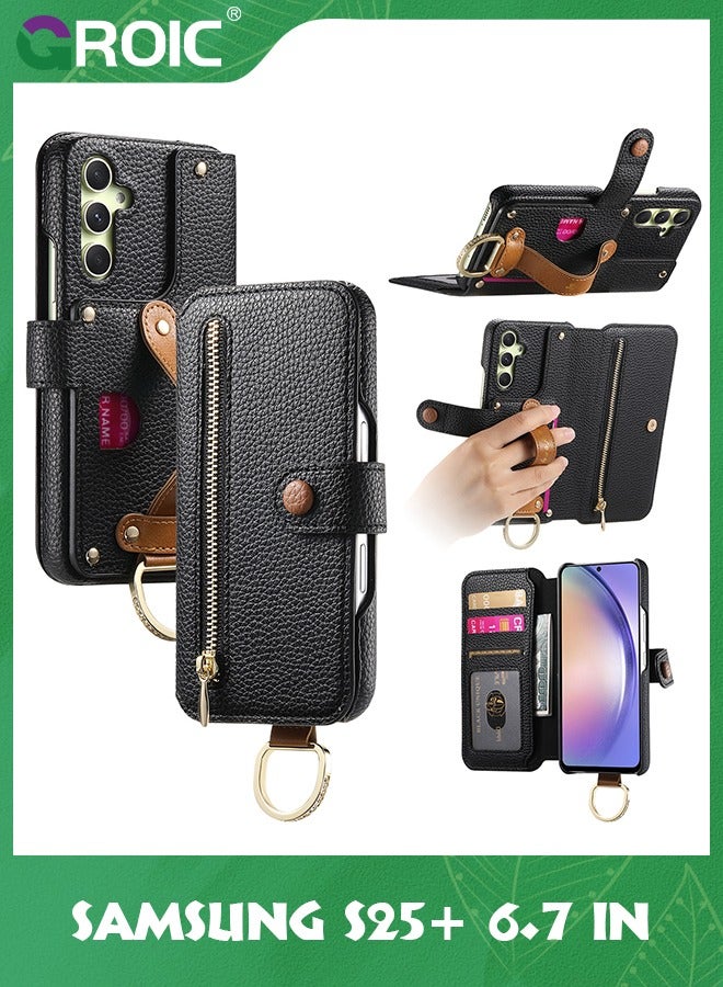 GROIC Samsung Galaxy S25 Plus Leather Case, Premium RFID Blocking Flip Leather Case with Wrist Strap&Ringholder Zipper Wallet Cover (S25+, Black)  - Image 1