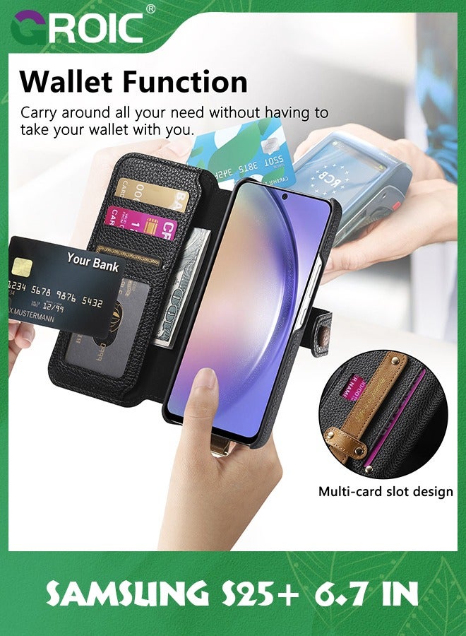 GROIC Samsung Galaxy S25 Plus Leather Case, Premium RFID Blocking Flip Leather Case with Wrist Strap&Ringholder Zipper Wallet Cover (S25+, Black)  - Image 2