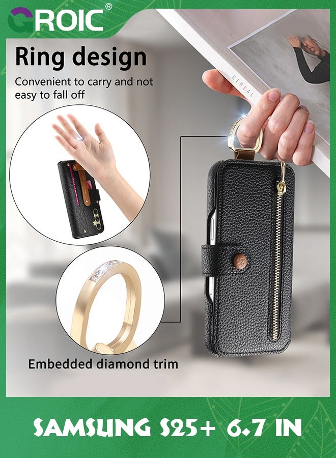 GROIC Samsung Galaxy S25 Plus Leather Case, Premium RFID Blocking Flip Leather Case with Wrist Strap&Ringholder Zipper Wallet Cover (S25+, Black)  - Image 3