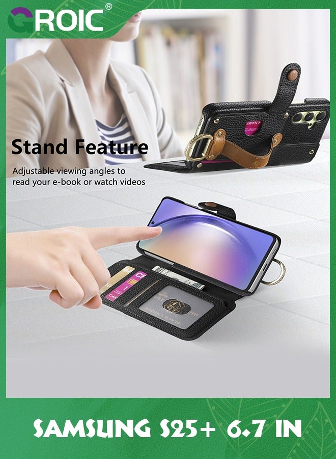 GROIC Samsung Galaxy S25 Plus Leather Case, Premium RFID Blocking Flip Leather Case with Wrist Strap&Ringholder Zipper Wallet Cover (S25+, Black)  - Image 4