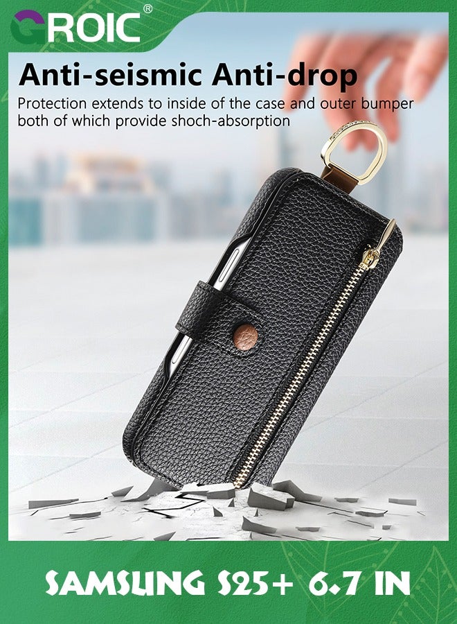 GROIC Samsung Galaxy S25 Plus Leather Case, Premium RFID Blocking Flip Leather Case with Wrist Strap&Ringholder Zipper Wallet Cover (S25+, Black)  - Image 5