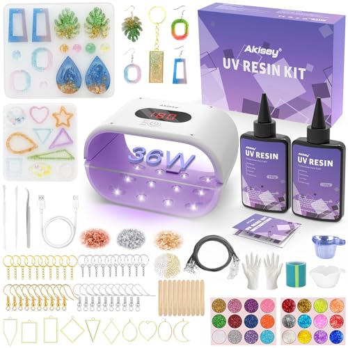 Akisey UV Resin Jewelry Making Kit, 200g Clear UV Resin Glue with Two-Sided Light & Molds, Starter Kit for Making Jewelry, Earring, Necklaces, Keychains - Image 1