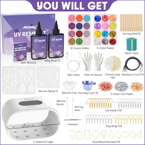 Akisey UV Resin Jewelry Making Kit, 200g Clear UV Resin Glue with Two-Sided Light & Molds, Starter Kit for Making Jewelry, Earring, Necklaces, Keychains - Image 2