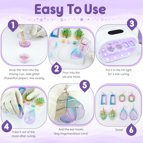 Akisey UV Resin Jewelry Making Kit, 200g Clear UV Resin Glue with Two-Sided Light & Molds, Starter Kit for Making Jewelry, Earring, Necklaces, Keychains - Image 5